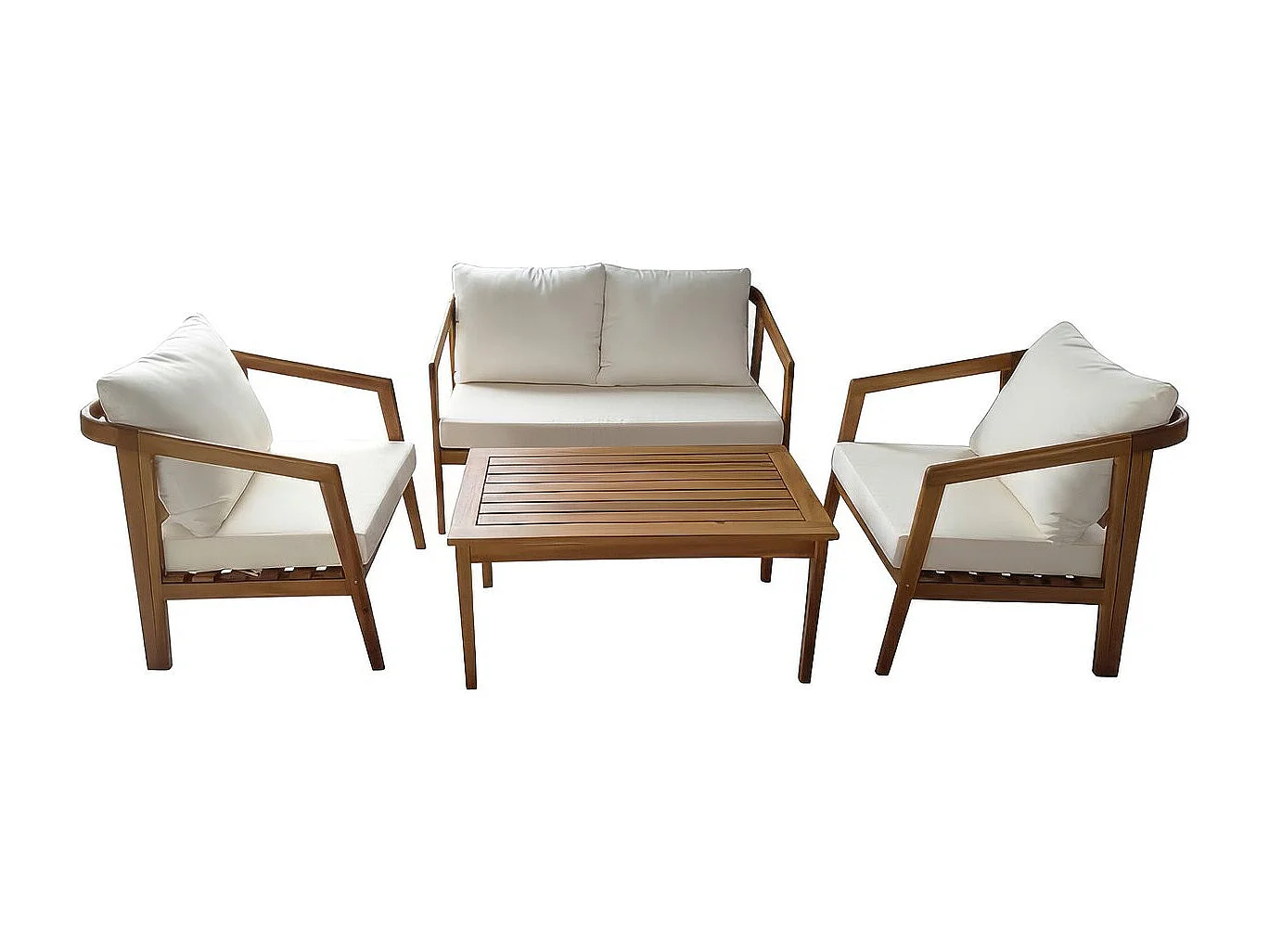 Salón de jardín para 4 personas en madera de acacia aceitada con cojines beige gruesos "Presley"