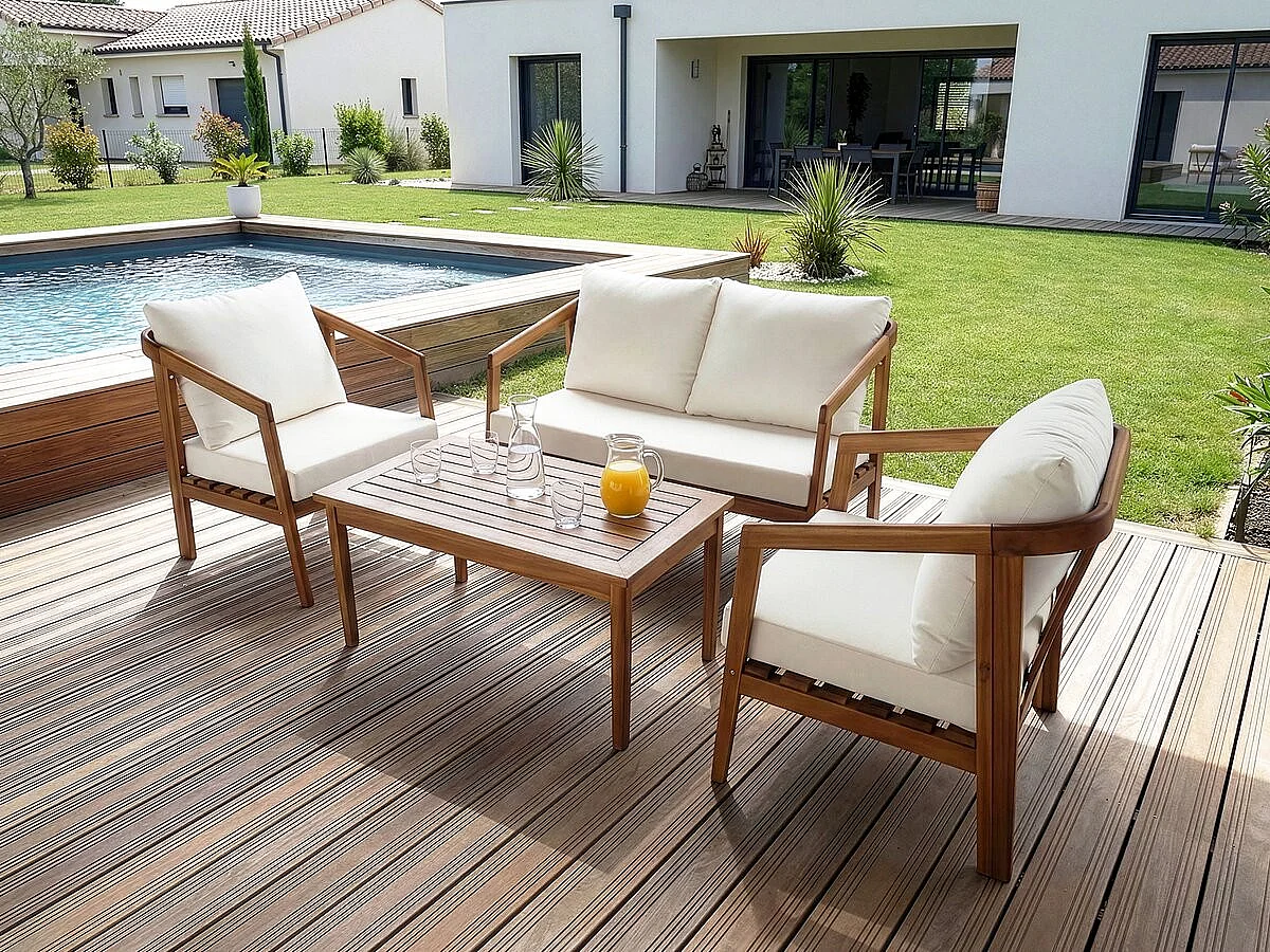 Zestaw mebli ogrodowych dla 4 osób z olejowanego drewna akacjowego z grubymi beżowymi poduszkami "Presley"