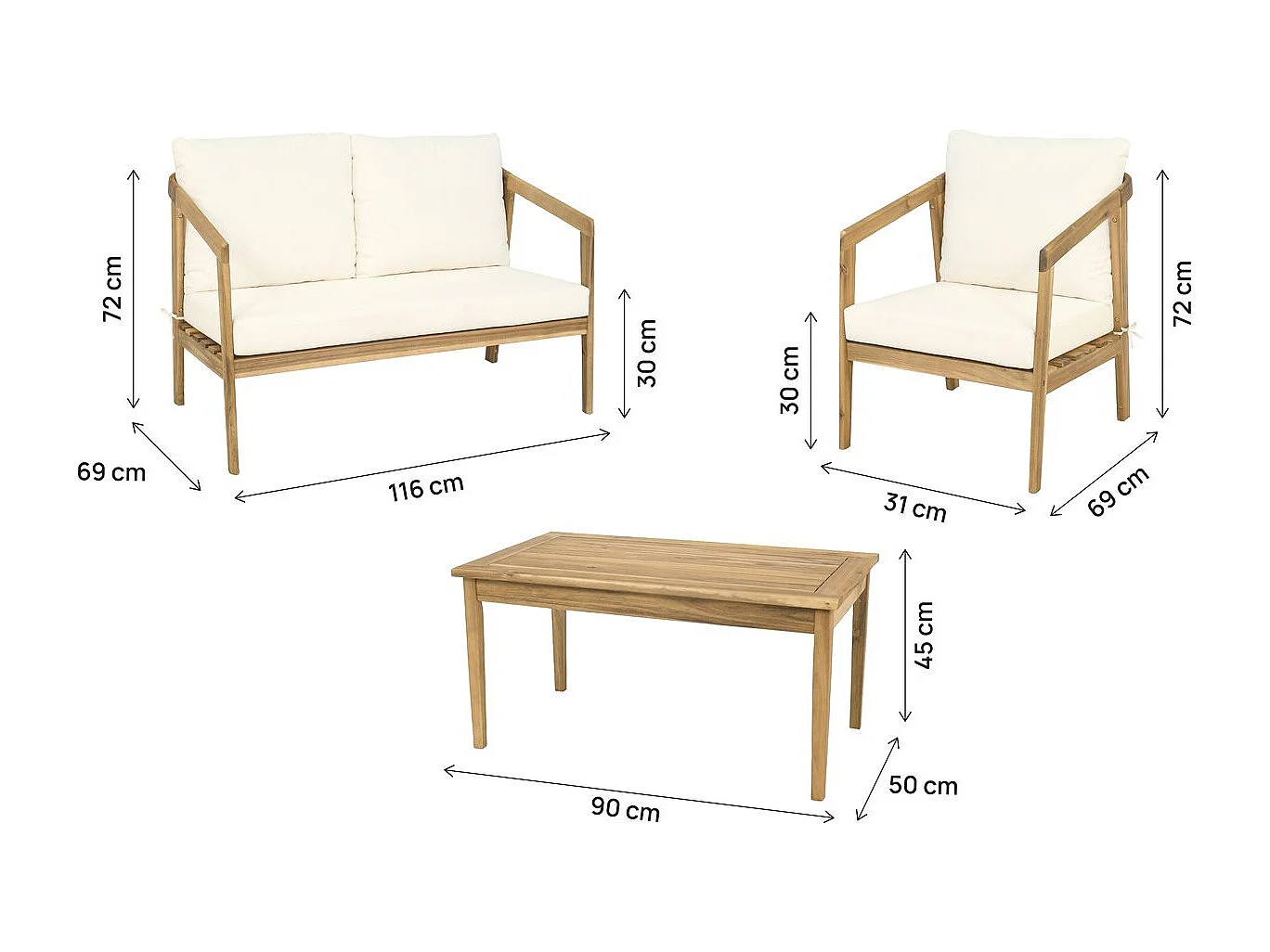 Zestaw mebli ogrodowych dla 4 osób z olejowanego drewna akacjowego z grubymi beżowymi poduszkami "Presley"