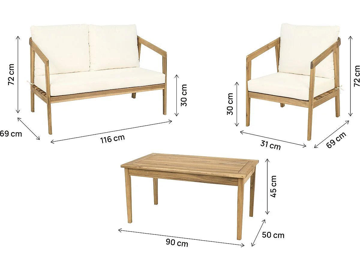 Salon de jardin en bois avec coussins inclus "Presley" - 4 places - Beige