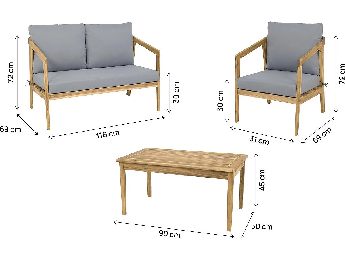Salon de jardin en bois avec coussins inclus "Presley" - 4 places - Beige