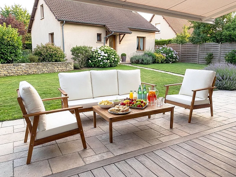 Salón de jardín para 5 personas en madera de acacia aceitada con cojines beige "Chilwell" – Confort y elegancia exterior