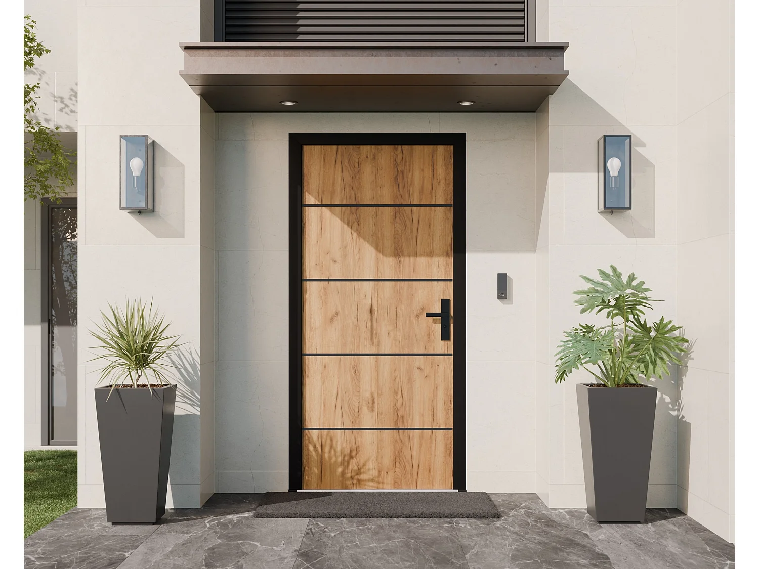 Porte d'entrée en acier pleine et inox H208.5 x L105 cm effet chêne - épaisseur 90 mm - poussant gauche - NAXARA