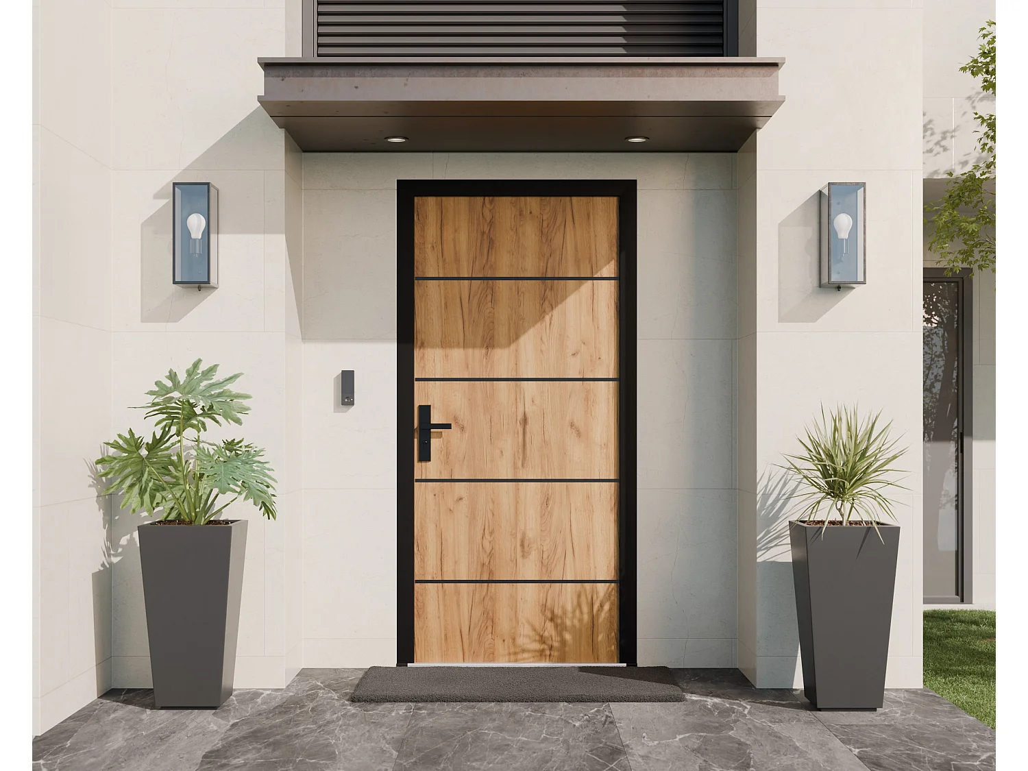 Porte d'entrée en acier pleine et inox H208.5 x L105 cm effet chêne - épaisseur 90 mm - poussant droit - NAXARA