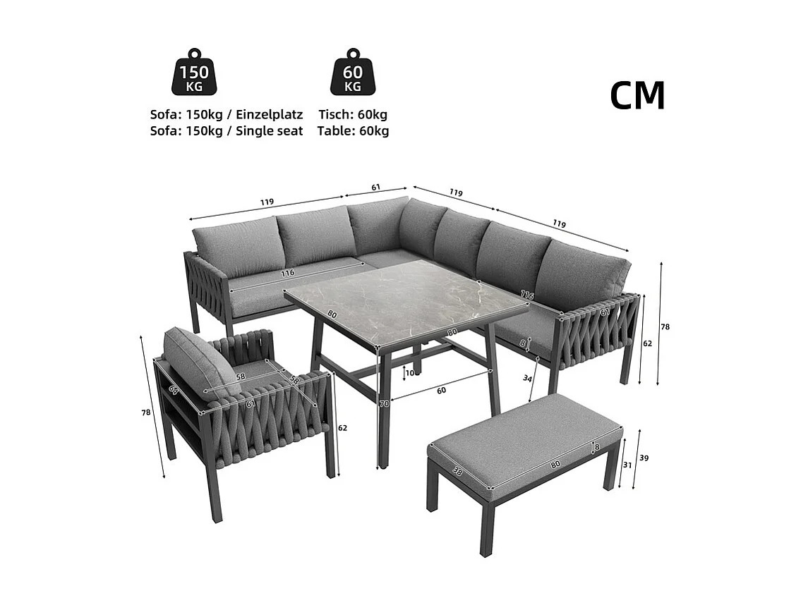 Salon de jardin 8 places en métal: canapé d'angle modulable, 1 fauteuil, 1 tabouret et table basse - Gris