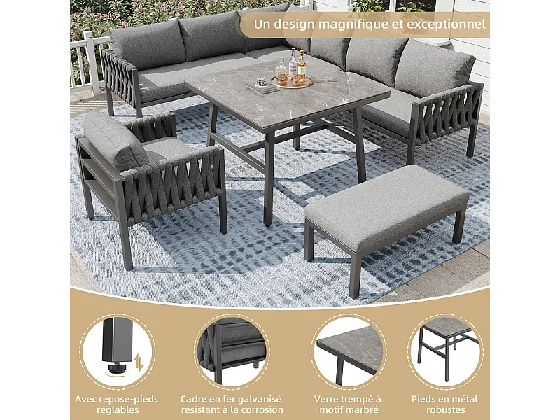 Salon de jardin 8 places en métal: canapé d'angle modulable, 1 fauteuil, 1 tabouret et table basse - Gris
