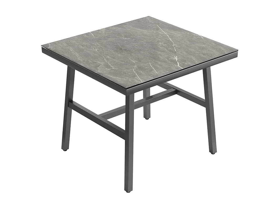 Salon de jardin 8 places en métal: canapé d'angle modulable, 1 fauteuil, 1 tabouret et table basse - Gris