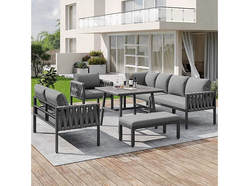 Salon de jardin 8 places en métal: canapé d'angle modulable, 1 fauteuil, 1 tabouret et table basse - Gris