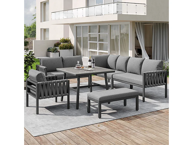 Salon de jardin 8 places en métal: canapé d'angle modulable, 1 fauteuil, 1 tabouret et table basse - Gris