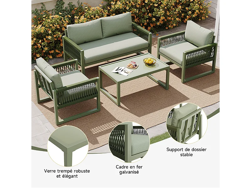 Salon de jardin 4 places en métal: 1 canapé 2 places, 2 fauteuils et table basse en verre trempé - Vert