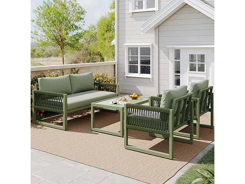 Salon de jardin 4 places en métal: 1 canapé 2 places, 2 fauteuils et table basse en verre trempé - Vert