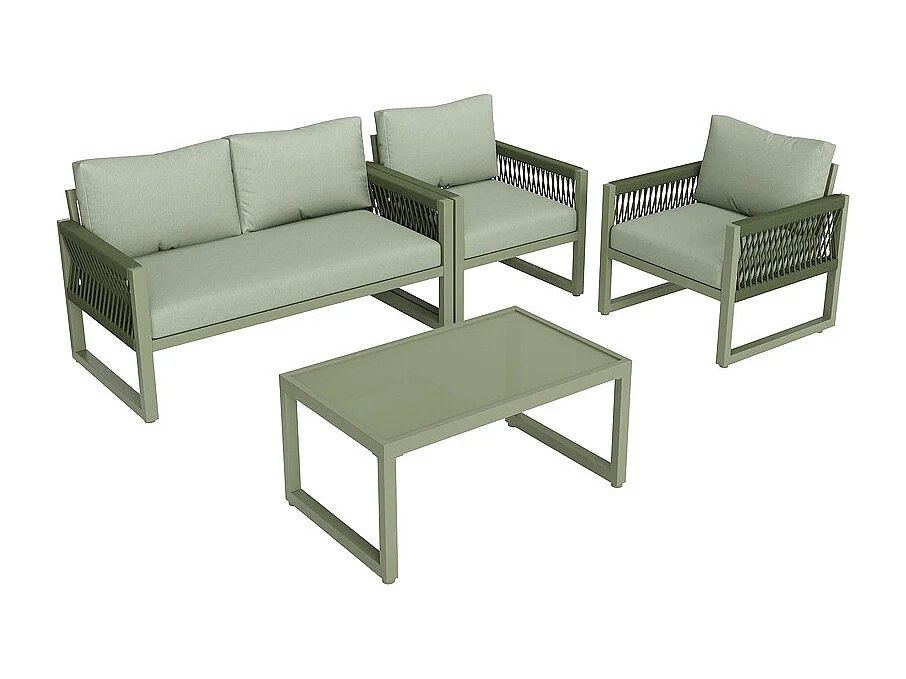 Salon de jardin 4 places en métal: 1 canapé 2 places, 2 fauteuils et table basse en verre trempé - Vert