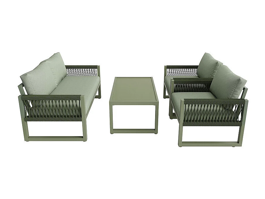 Salon de jardin 4 places en métal: 1 canapé 2 places, 2 fauteuils et table basse en verre trempé - Vert