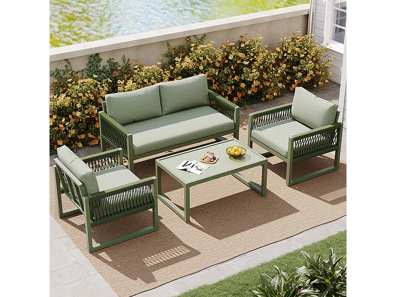 Salon de jardin 4 places en métal: 1 canapé 2 places, 2 fauteuils et table basse en verre trempé - Vert