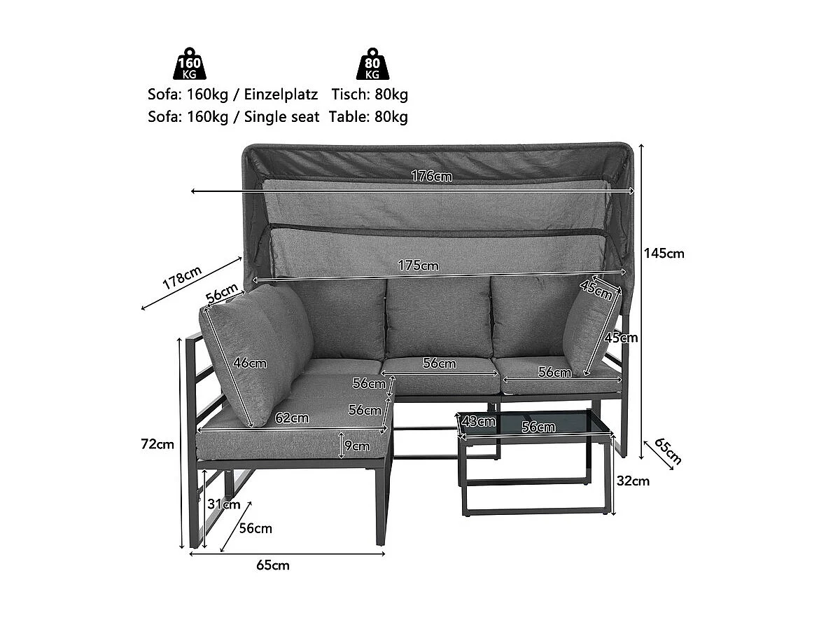 Gartenlounge Metall - mit klappbarem Sonnensegel - modulares Ecksofa und Couchtisch - Grau