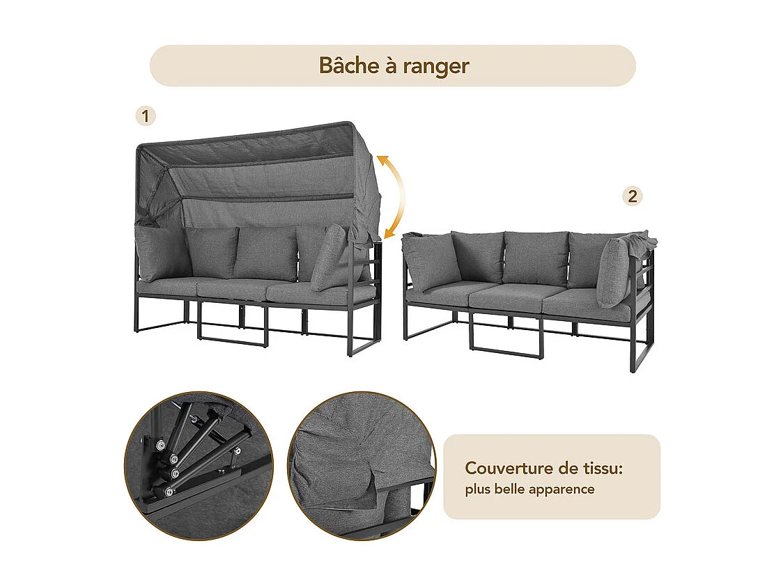Gartenlounge Metall - mit klappbarem Sonnensegel - modulares Ecksofa und Couchtisch - Grau