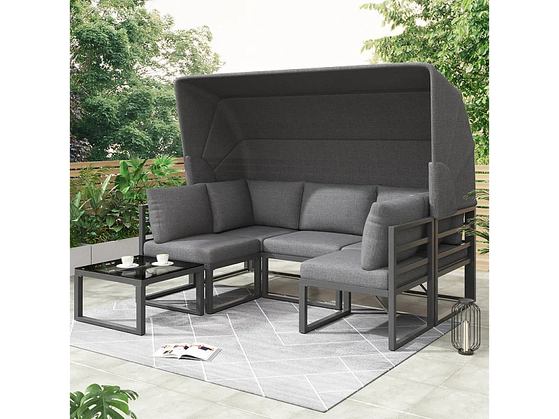 Gartenlounge Metall - mit klappbarem Sonnensegel - modulares Ecksofa und Couchtisch - Grau