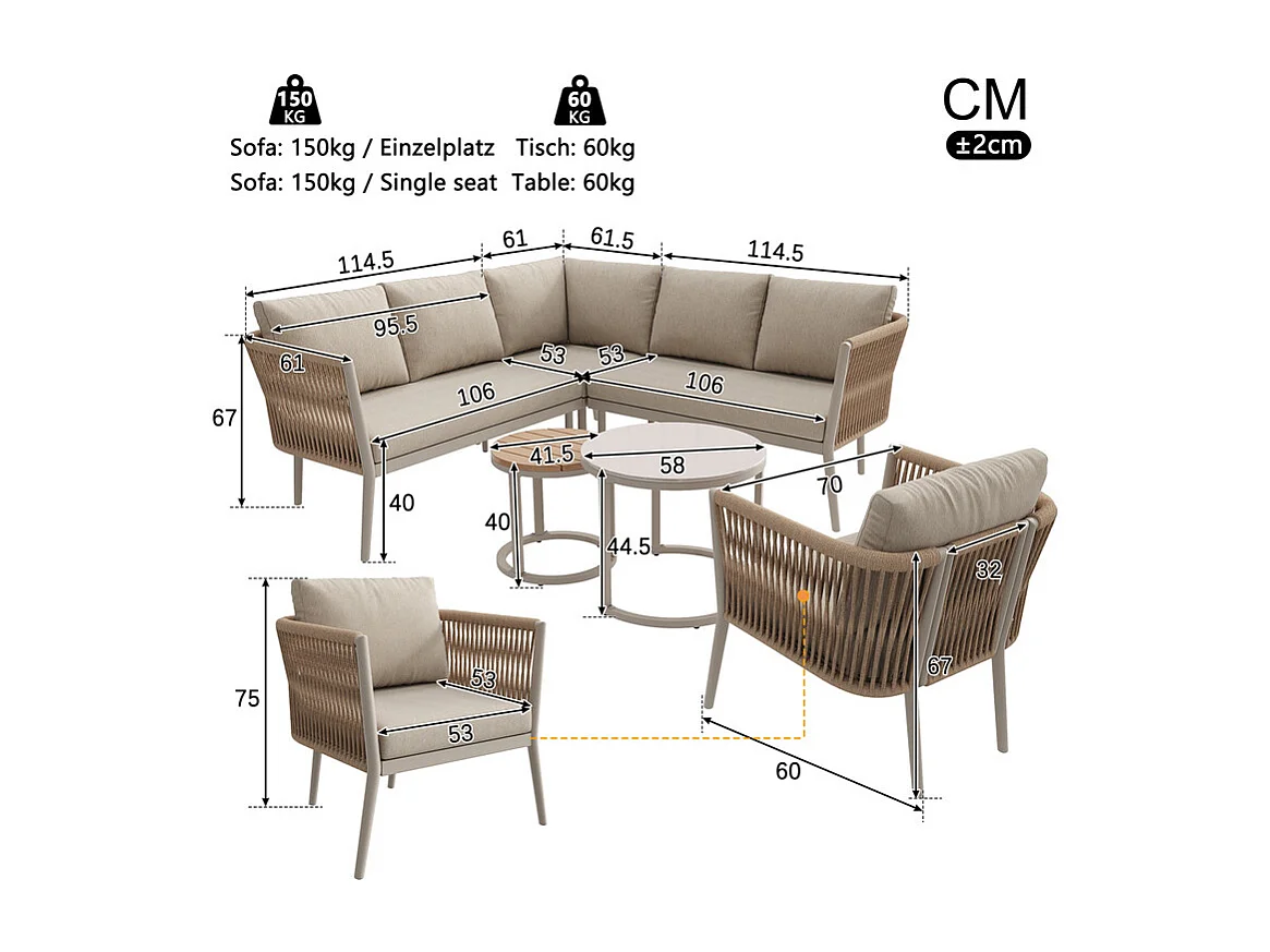 5-6 Sitzige Gartenlounge Metall: 1 Sessel, modulares Ecksofa und Beistelltische - Beige