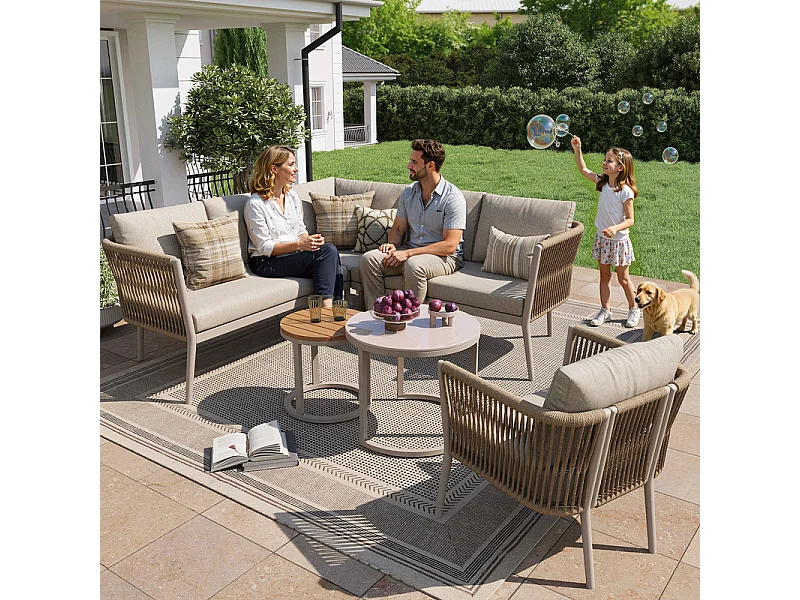 5-6 Sitzige Gartenlounge Metall: 1 Sessel, modulares Ecksofa und Beistelltische - Beige