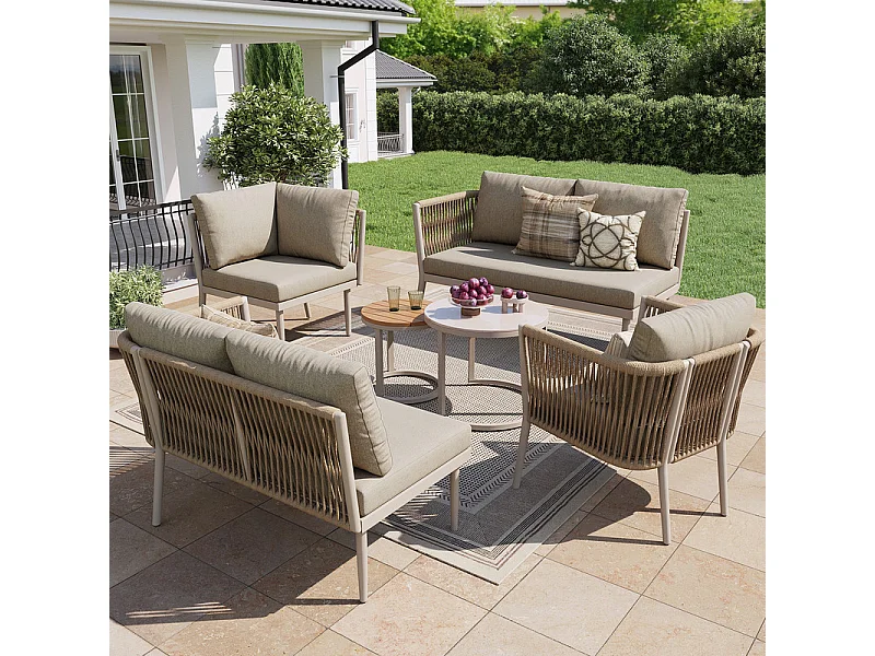 5-6 Sitzige Gartenlounge Metall: 1 Sessel, modulares Ecksofa und Beistelltische - Beige