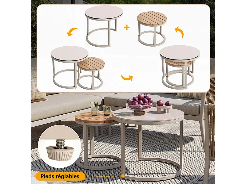 5-6 Sitzige Gartenlounge Metall: 1 Sessel, modulares Ecksofa und Beistelltische - Beige