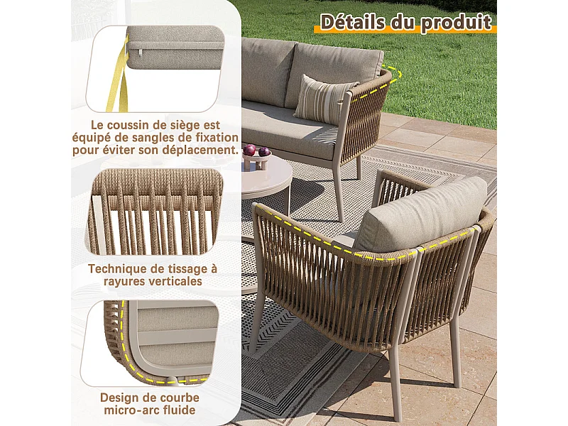 5-6 Sitzige Gartenlounge Metall: 1 Sessel, modulares Ecksofa und Beistelltische - Beige