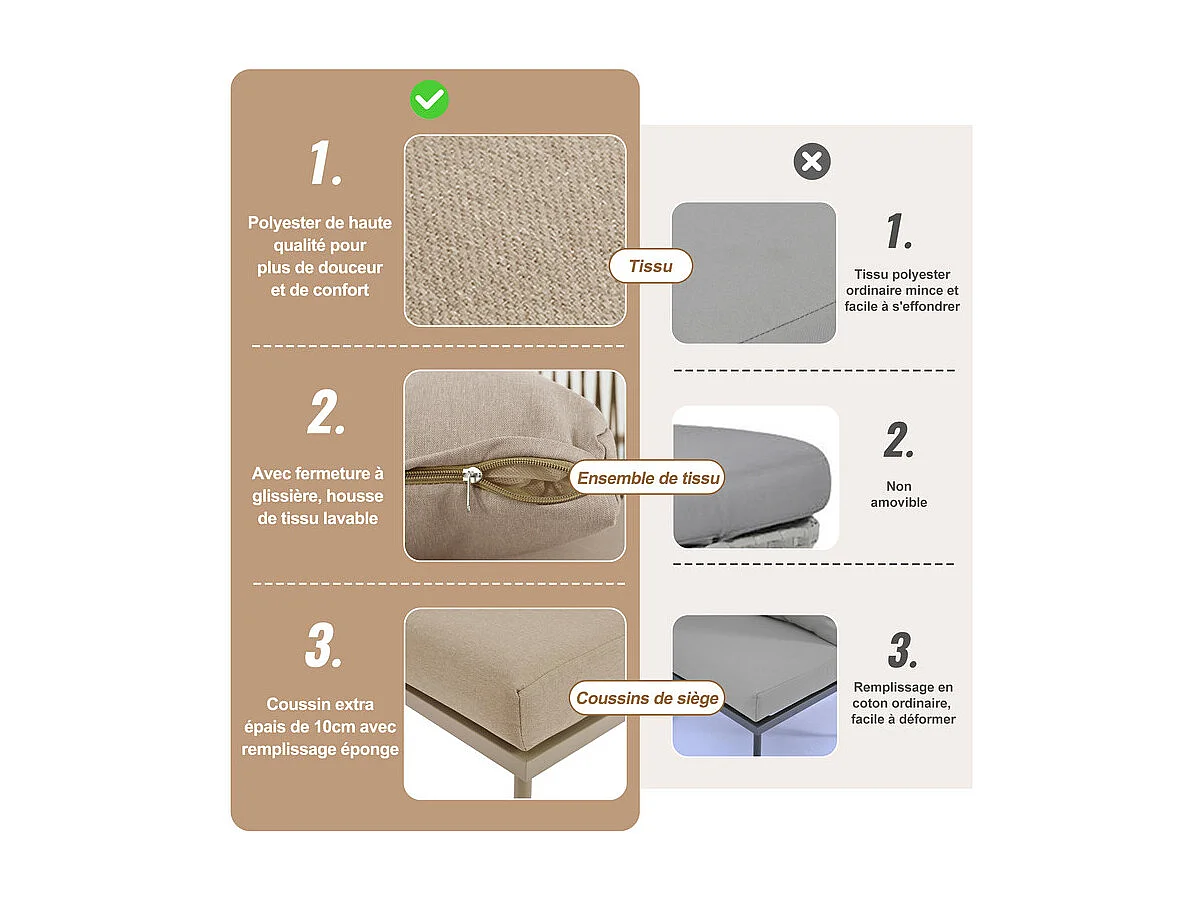 Salon de jardin modulable en métal: canapé 3 places d'angle, table basse en verre trempé - Kaki