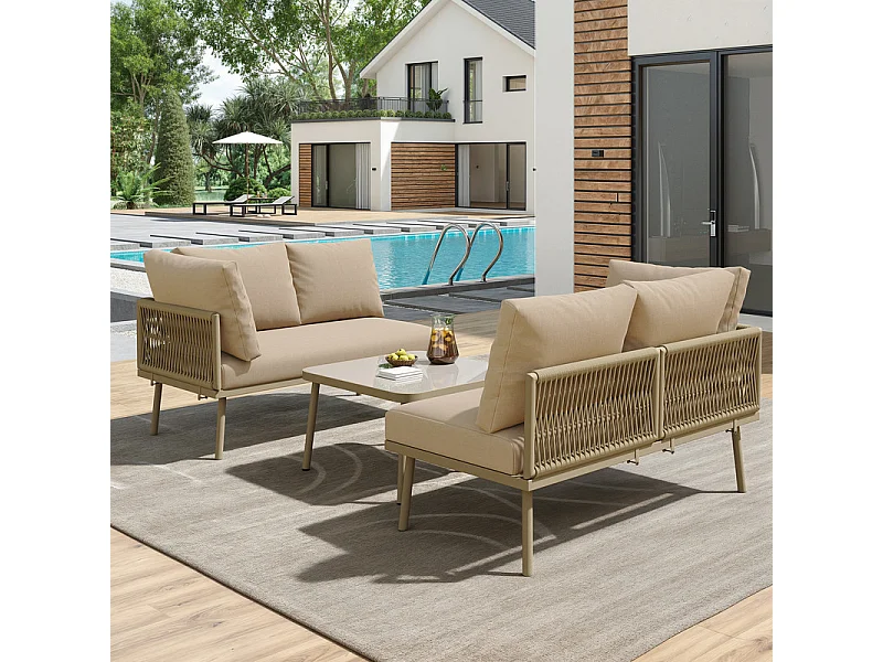 Salon de jardin modulable en métal: canapé 3 places d'angle, table basse en verre trempé - Kaki