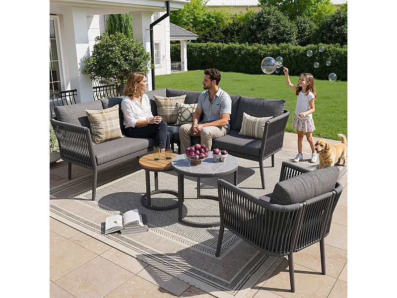 Salon de jardin 5-6 places en métal: 1 fauteuil, canapé d'angle modulable et tables gigognes - Gris