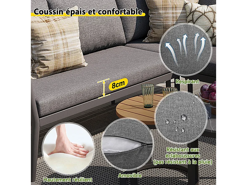 Salon de jardin 5-6 places en métal: 1 fauteuil, canapé d'angle modulable et tables gigognes - Gris