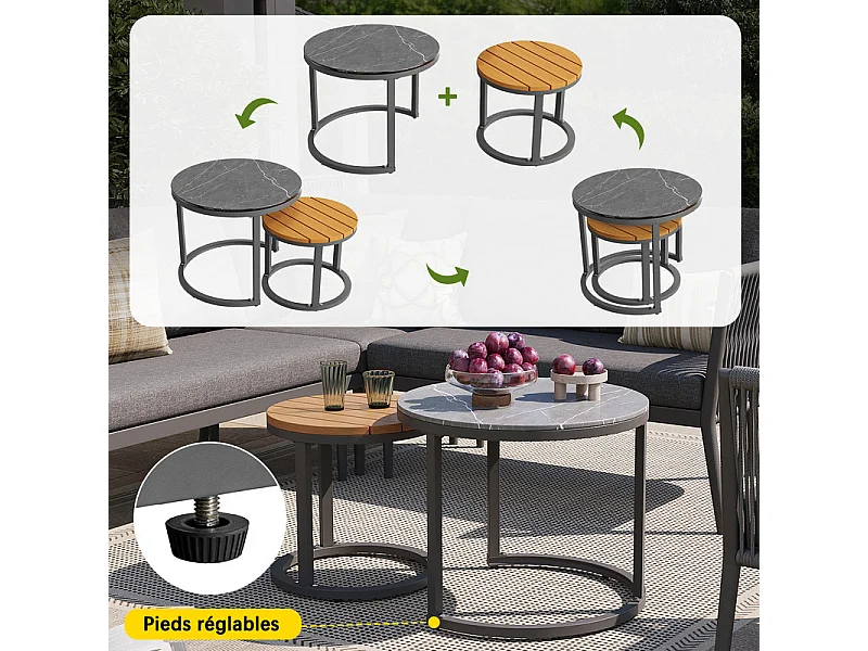 Salon de jardin 5-6 places en métal: 1 fauteuil, canapé d'angle modulable et tables gigognes - Gris