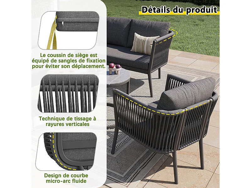 Salon de jardin 5-6 places en métal: 1 fauteuil, canapé d'angle modulable et tables gigognes - Gris