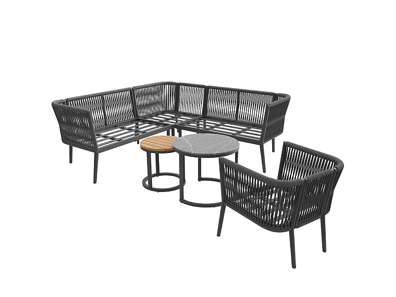 Salon de jardin 5-6 places en métal: 1 fauteuil, canapé d'angle modulable et tables gigognes - Gris