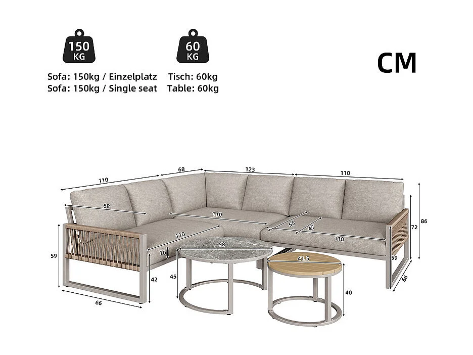 Salon de jardin 5-6 places en métal: canapé d'angle modulable et tables gigognes - Kaki