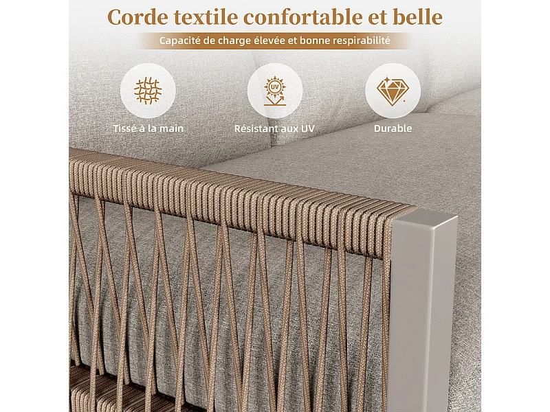 Salon de jardin 5-6 places en métal: canapé d'angle modulable et tables gigognes - Kaki