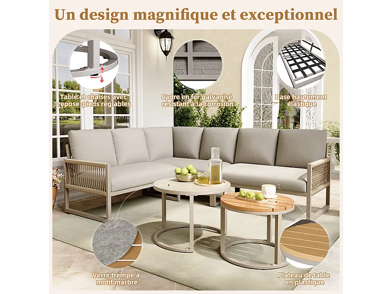 Salon de jardin 5-6 places en métal: canapé d'angle modulable et tables gigognes - Kaki