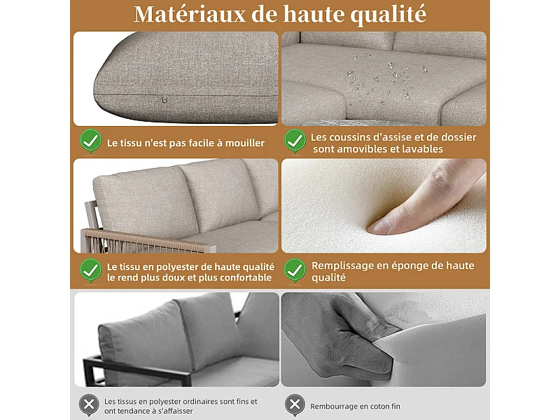 Salon de jardin 5-6 places en métal: canapé d'angle modulable et tables gigognes - Kaki