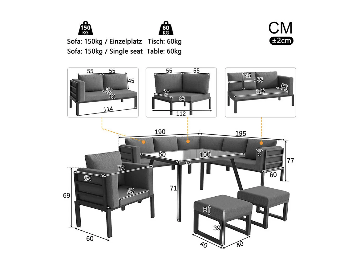 Salon de jardin modulable en métal: 1 canapé 5 places panoramique, 1 fauteuil, 2 tabourets et table basse - Gris