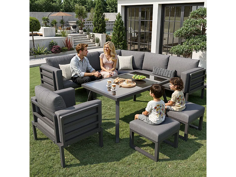 Salon de jardin modulable en métal: 1 canapé 5 places panoramique, 1 fauteuil, 2 tabourets et table basse - Gris