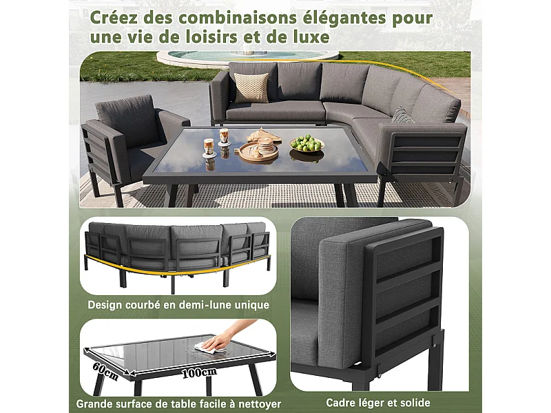 Salon de jardin modulable en métal: 1 canapé 5 places panoramique, 1 fauteuil, 2 tabourets et table basse - Gris
