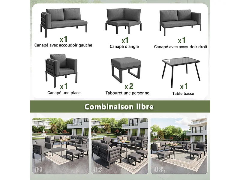 Salon de jardin modulable en métal: 1 canapé 5 places panoramique, 1 fauteuil, 2 tabourets et table basse - Gris