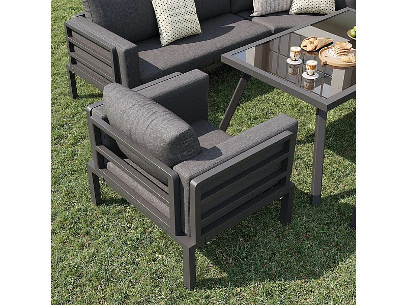 Salon de jardin modulable en métal: 1 canapé 5 places panoramique, 1 fauteuil, 2 tabourets et table basse - Gris
