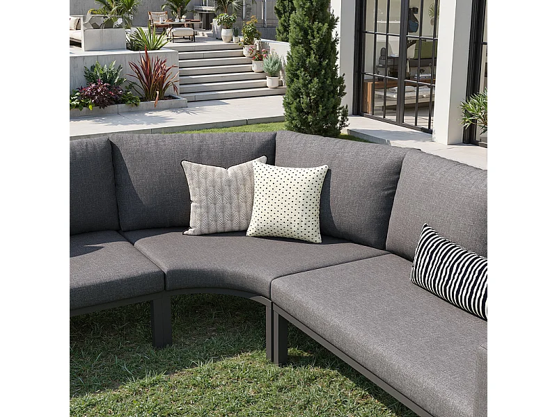 Salon de jardin modulable en métal: 1 canapé 5 places panoramique, 1 fauteuil, 2 tabourets et table basse - Gris