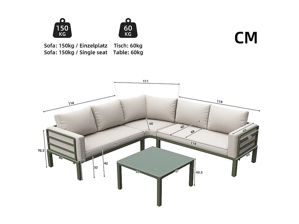Salon de jardin en métal: canapé 4-5 places d'angle modulable, table basse en verre trempé - Beige