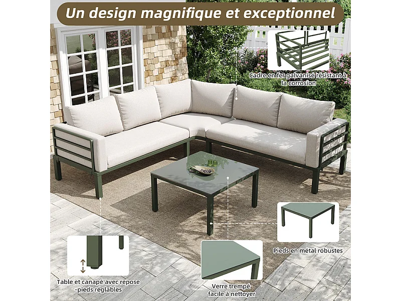 Salon de jardin en métal: canapé 4-5 places d'angle modulable, table basse en verre trempé - Beige