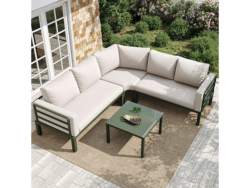 Salon de jardin en métal: canapé 4-5 places d'angle modulable, table basse en verre trempé - Beige