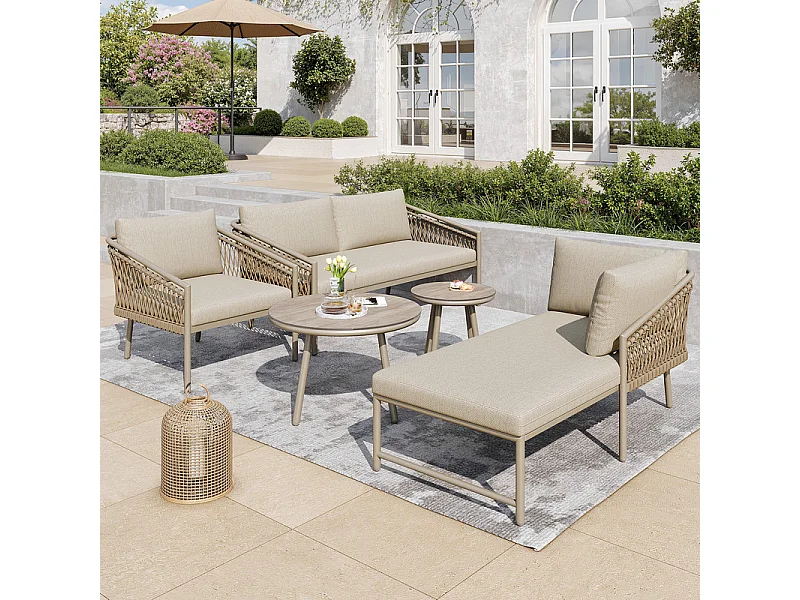 Modulares Gartenlounge-Set Metall: 1 2-Sitzer Sofa, 1 Relaxliege, 1 Sessel + 2 runde Couchtische aus Sicherheitsglas - Khaki