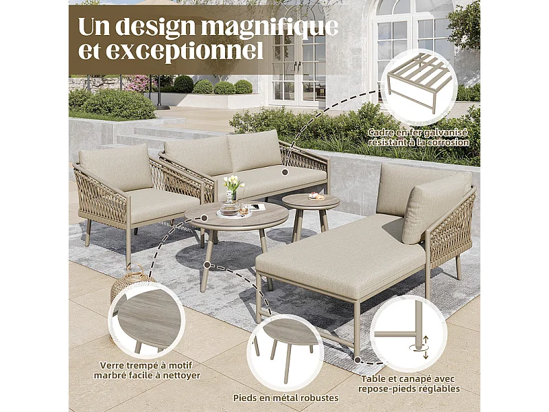Modulares Gartenlounge-Set Metall: 1 2-Sitzer Sofa, 1 Relaxliege, 1 Sessel + 2 runde Couchtische aus Sicherheitsglas - Khaki