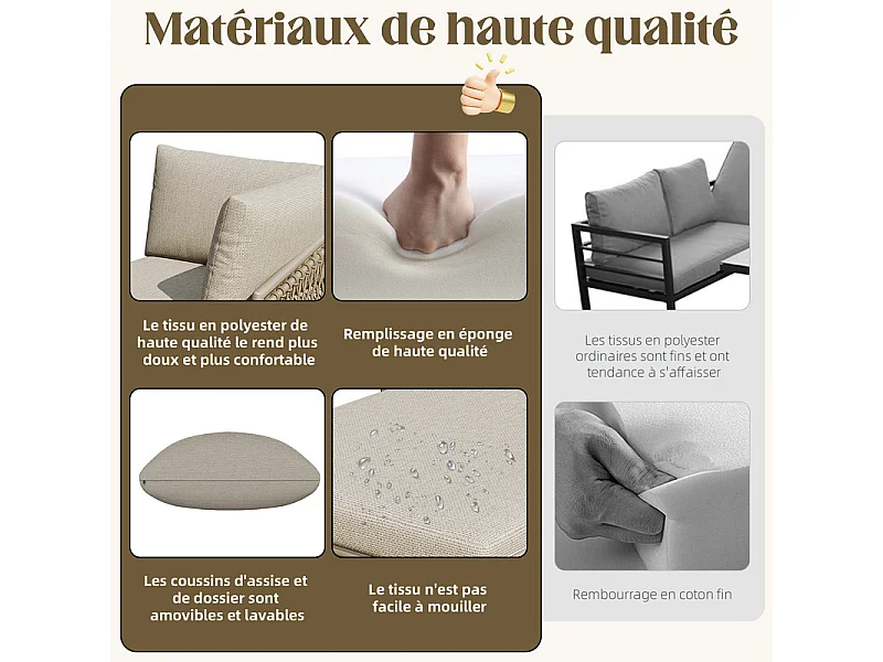 Modulares Gartenlounge-Set Metall: 1 2-Sitzer Sofa, 1 Relaxliege, 1 Sessel + 2 runde Couchtische aus Sicherheitsglas - Khaki