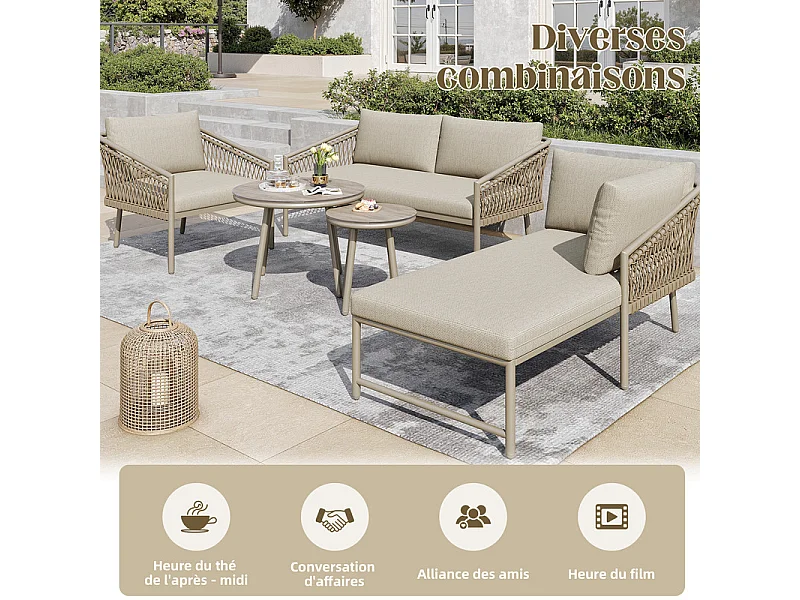 Modulares Gartenlounge-Set Metall: 1 2-Sitzer Sofa, 1 Relaxliege, 1 Sessel + 2 runde Couchtische aus Sicherheitsglas - Khaki